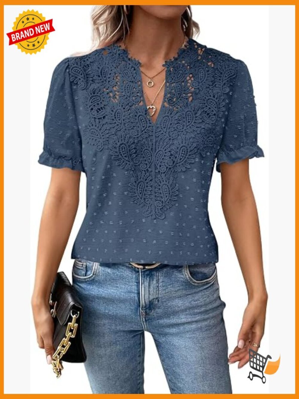 Boho Short Sleeve V Neck Chiffon Blouse Flowy Lace Hem Tunic Top